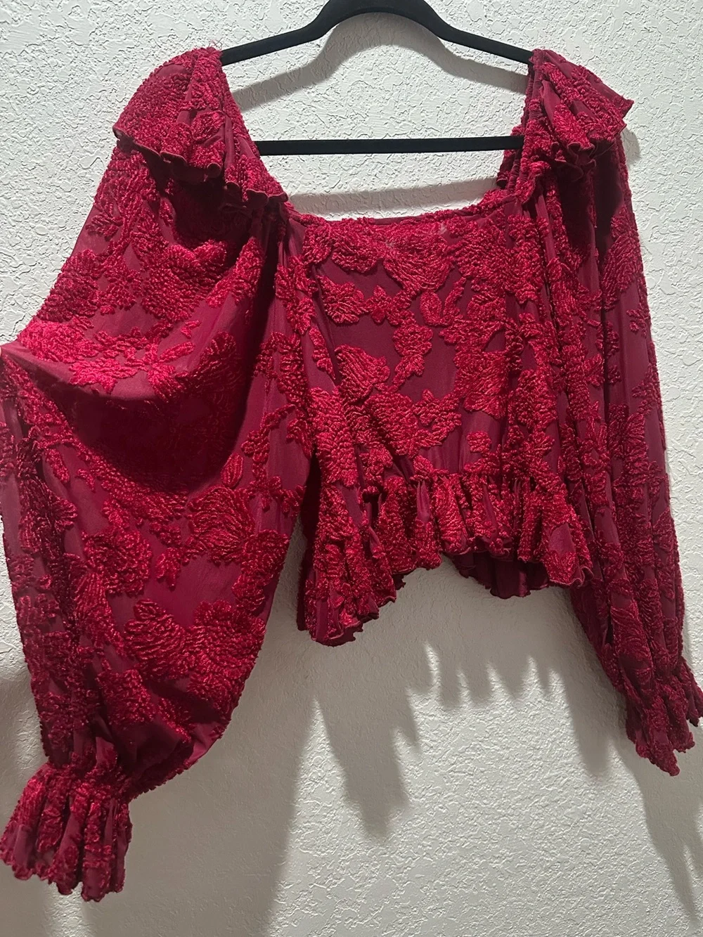 ! Anthropologie Velvet Burnout Peasant Top wine color size small